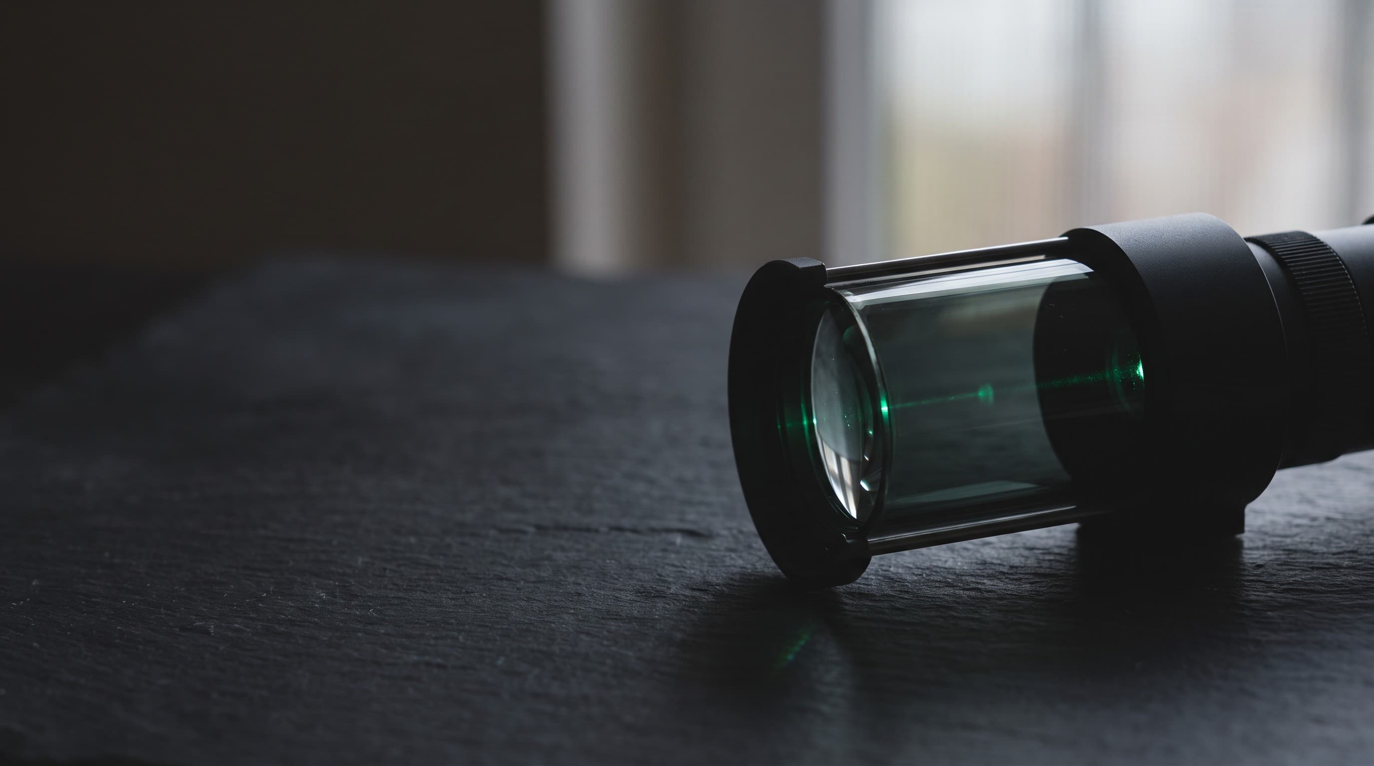 Precision optical instrument focusing a thin emerald filament