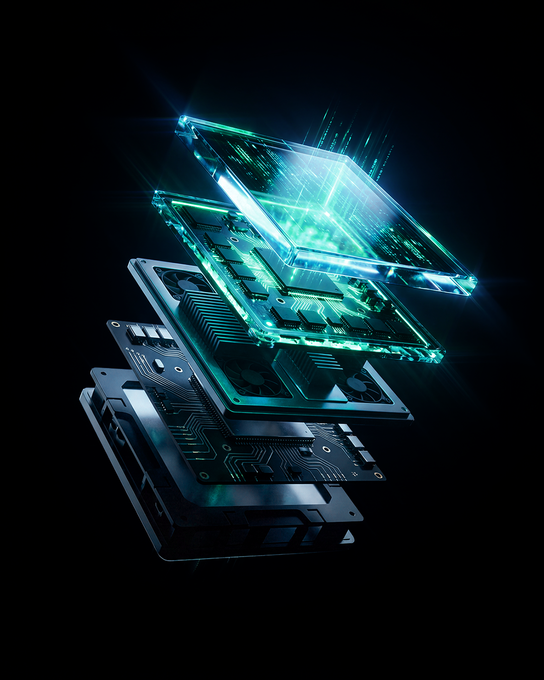 Exploded 3D view of five stacked technology layers with glowing green processor